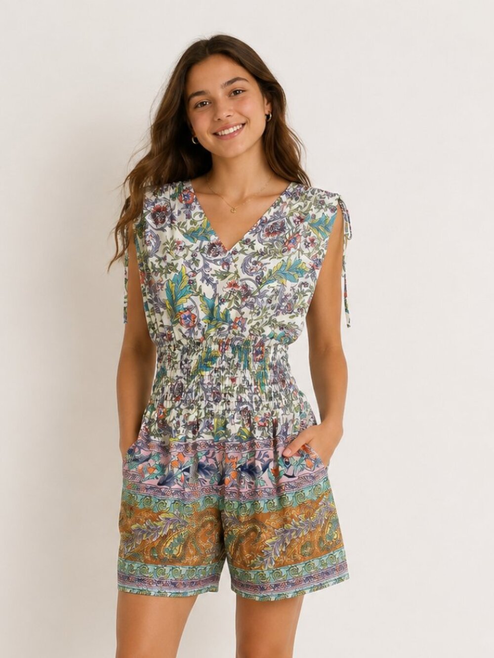 Sleeveless Floral Paisley Jumpsuit V Neck Size M Boho Romper